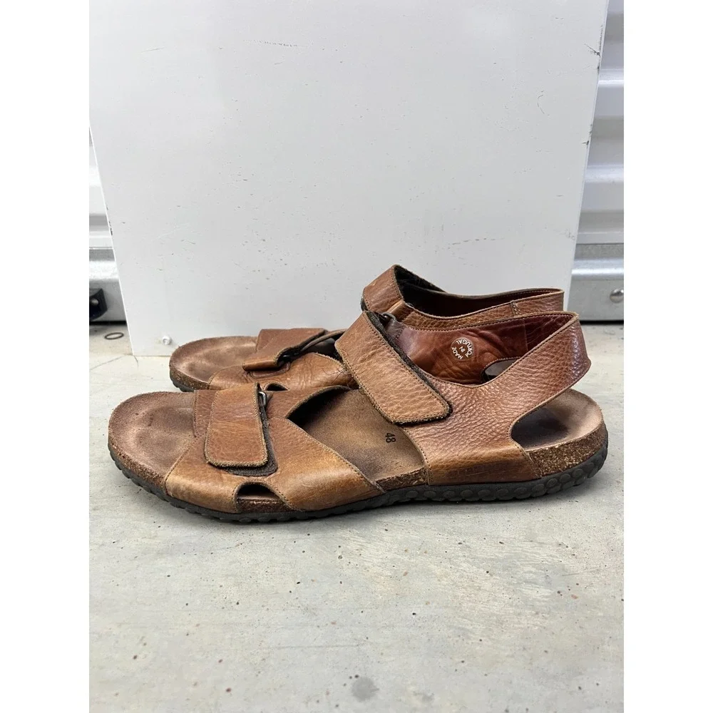 Mephisto Sandals Mens EU 48 Chestnut Leather Open Toe Hook & Loop Ankle Strap